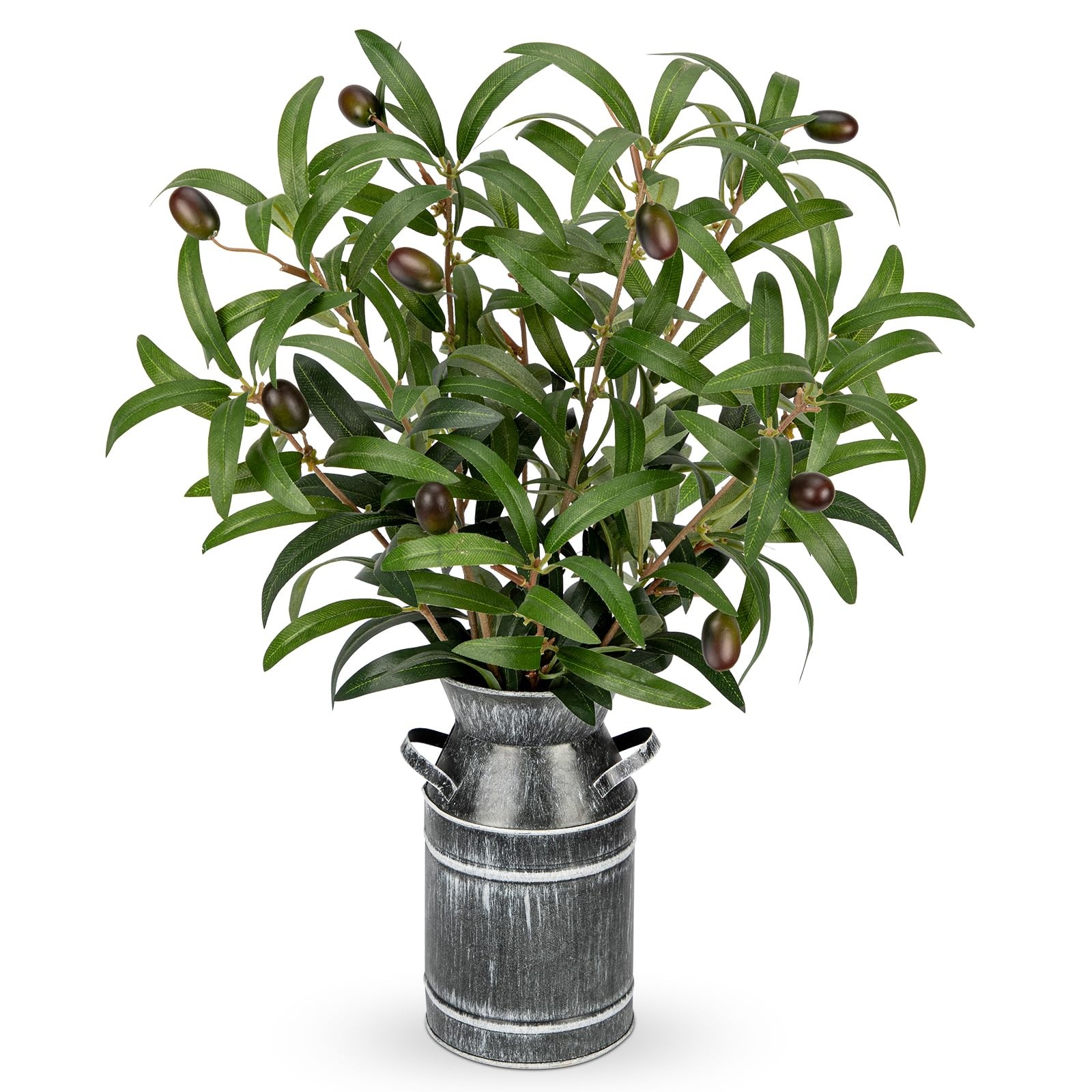Briful Artificial Olive Branches Rustic Metal Vase 19in Realistic Faux Olive