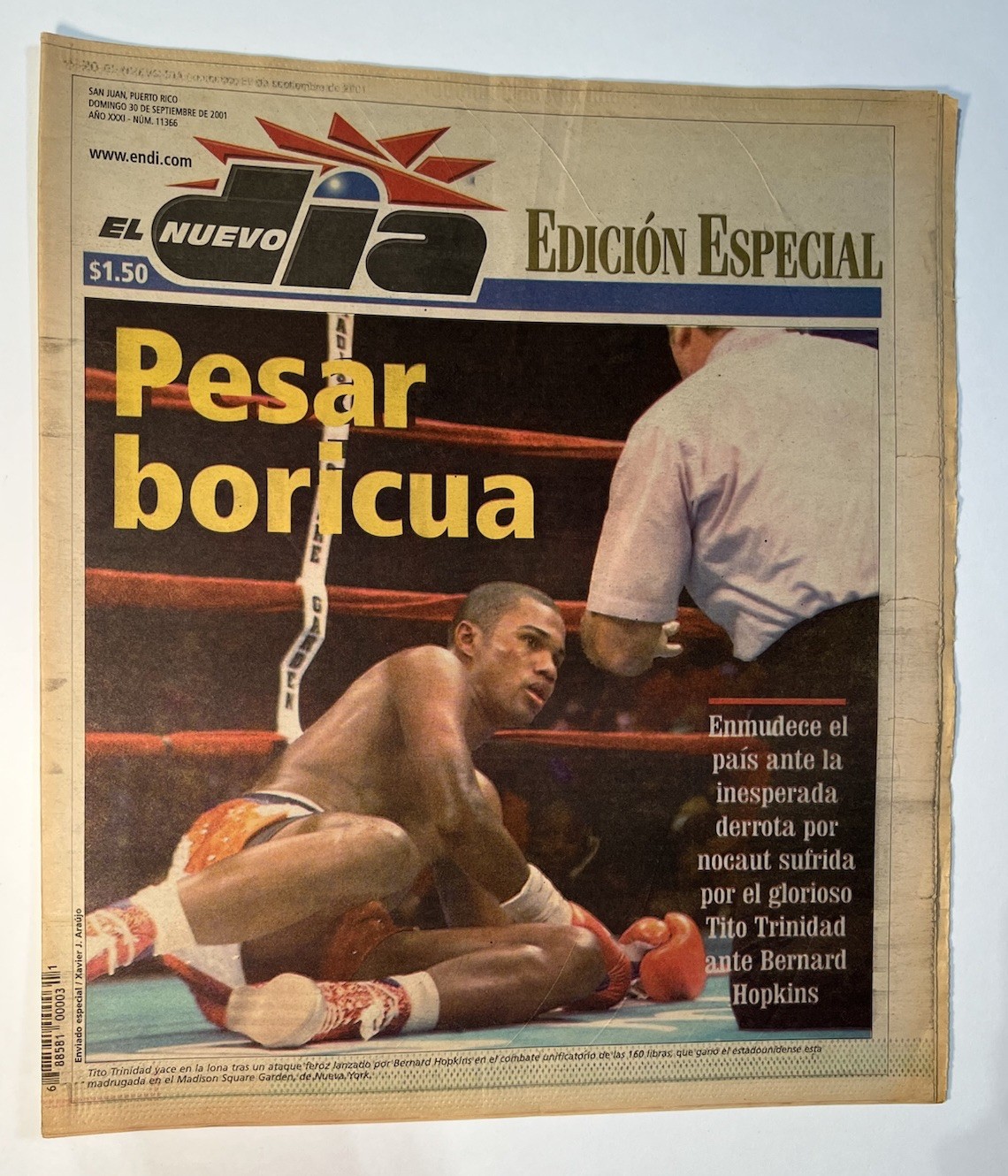 Newspaper El Nuevo Dia de Puerto Rico 9/30/2001 Felix Trinidad Vs. Hopkins