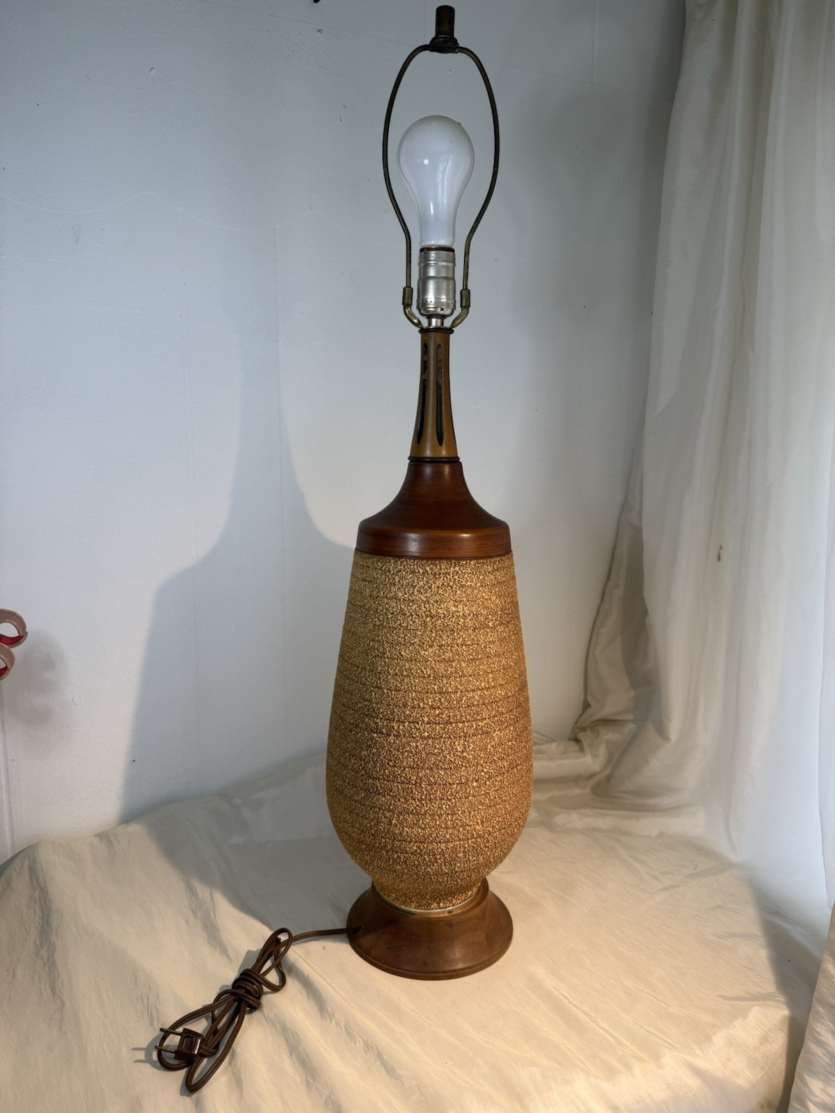 MCM Ceramic and Wood Table Lamp 33 Inches Tall Vintage Tan Brown