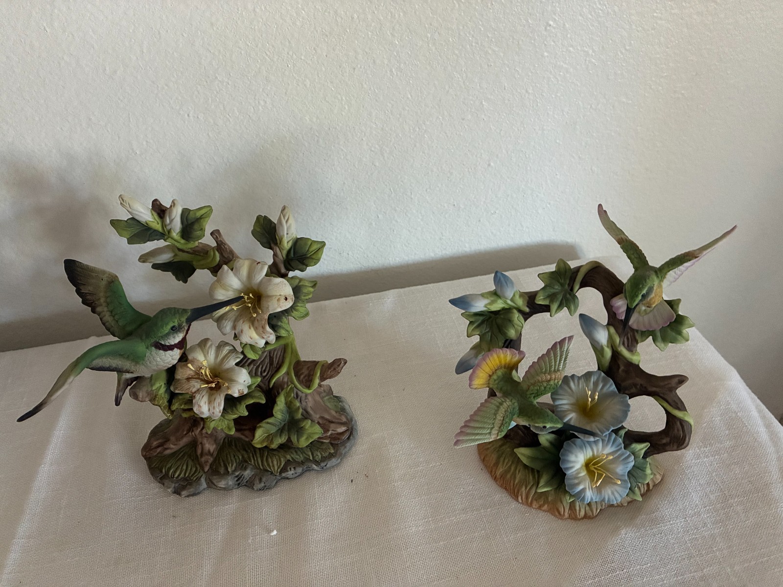 Porcelain Hummingbird Bird Figurines on Flower Bases Set of 2