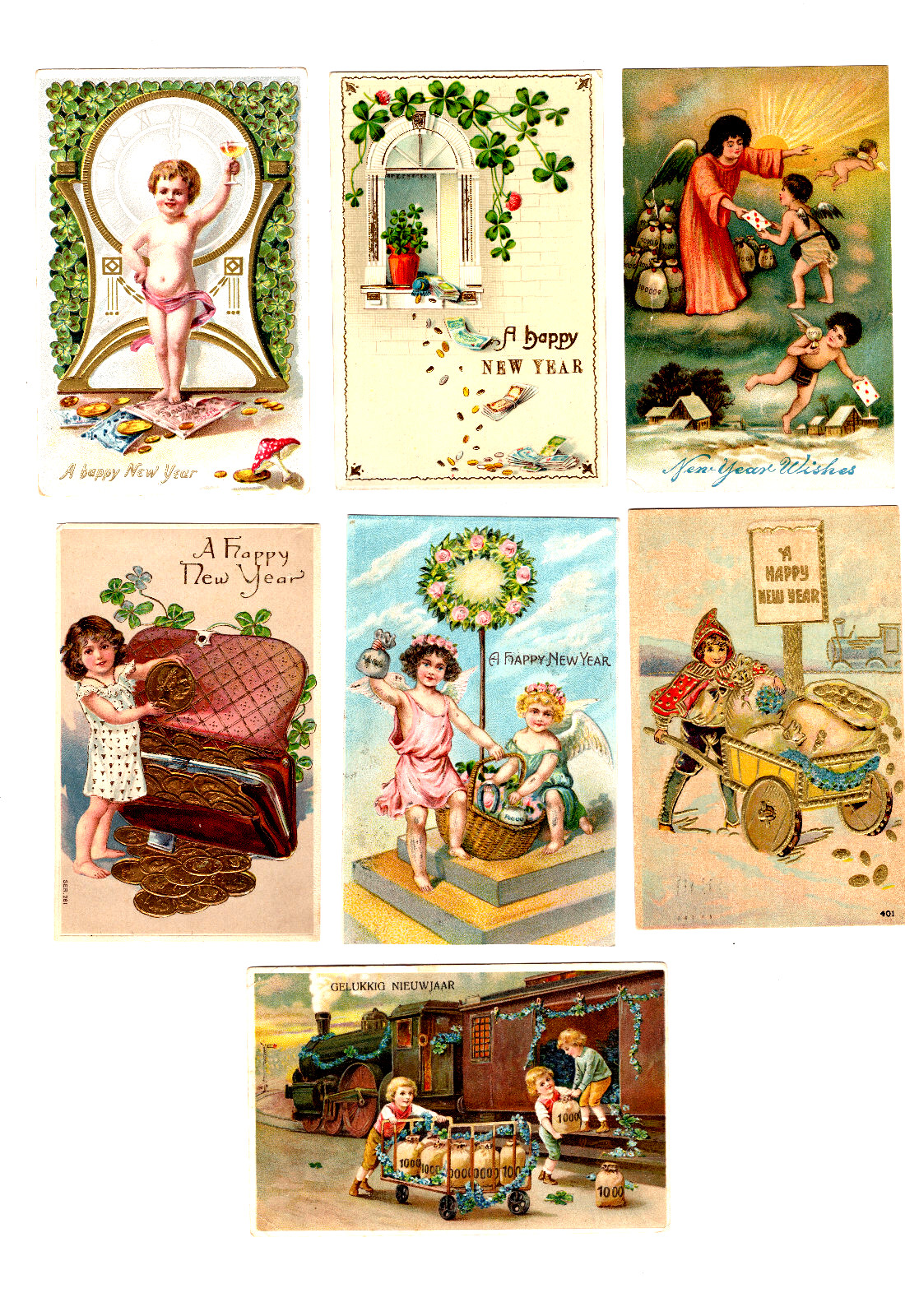 SALE: VINTAGE 1907-18 HAPPY NEW YEAR GOOD LUCK MONEY POSTCARDS LOT #3 7 EMBOSSED