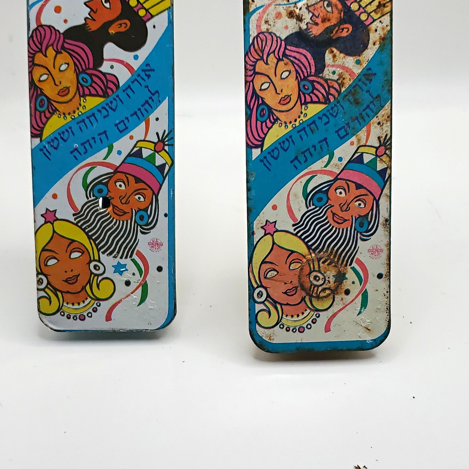 Vintage Purim Tin Noisemakers Groggers Lot of 2 Queen Esther & Haman