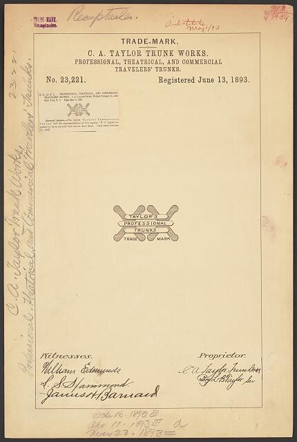 Photo:C A Taylor Trunk Works Professional Theatrical Trunks 1893 Trademark