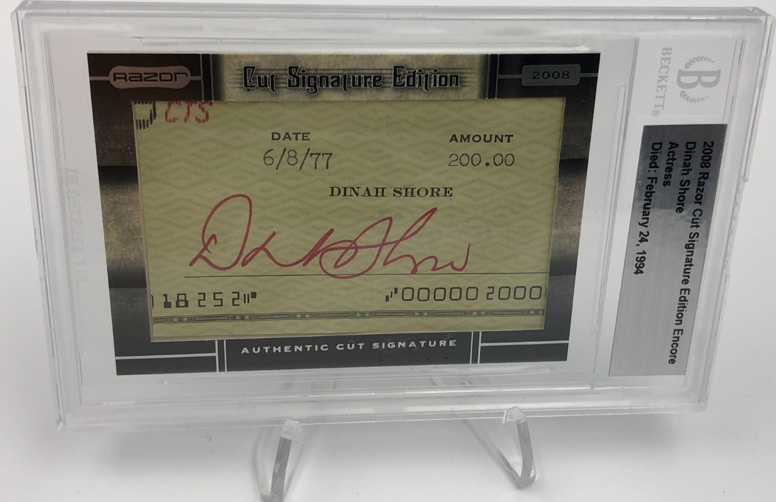 DINAH SHORE AUTO Card BECKETT 2008 Razor Cut Signed TV Host THE DINAH SHORE SHOW