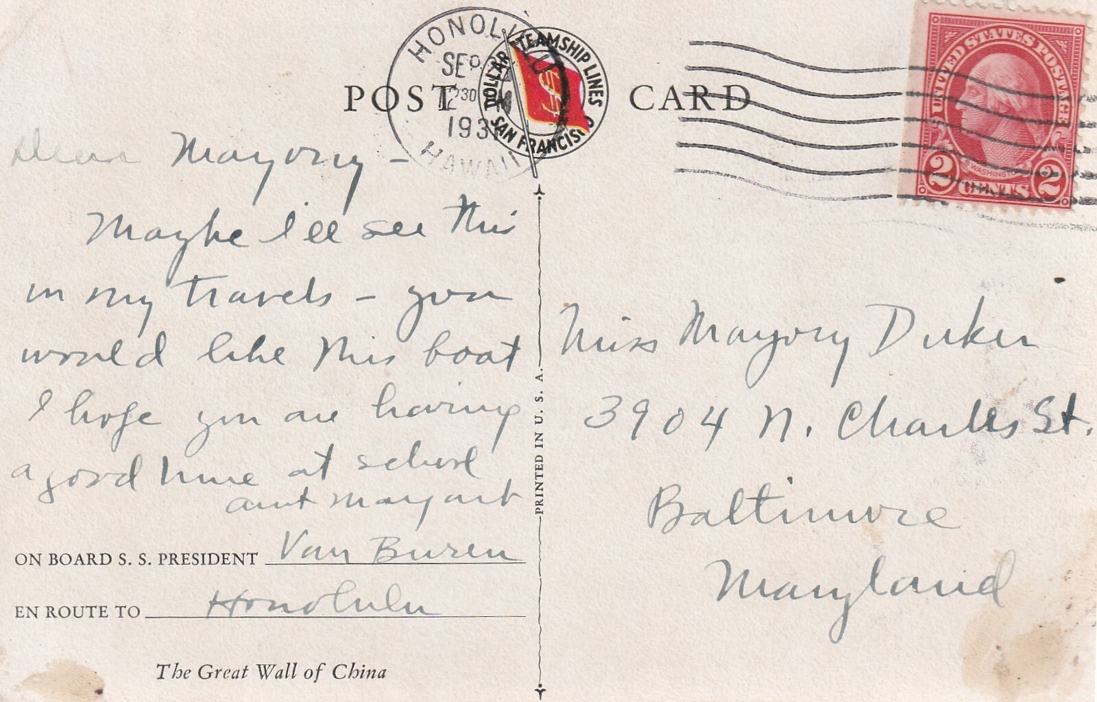 1931 Honolulu, Hawaii, Dollar Steamship Lines San Fran. Van Buren SS Prez. a736