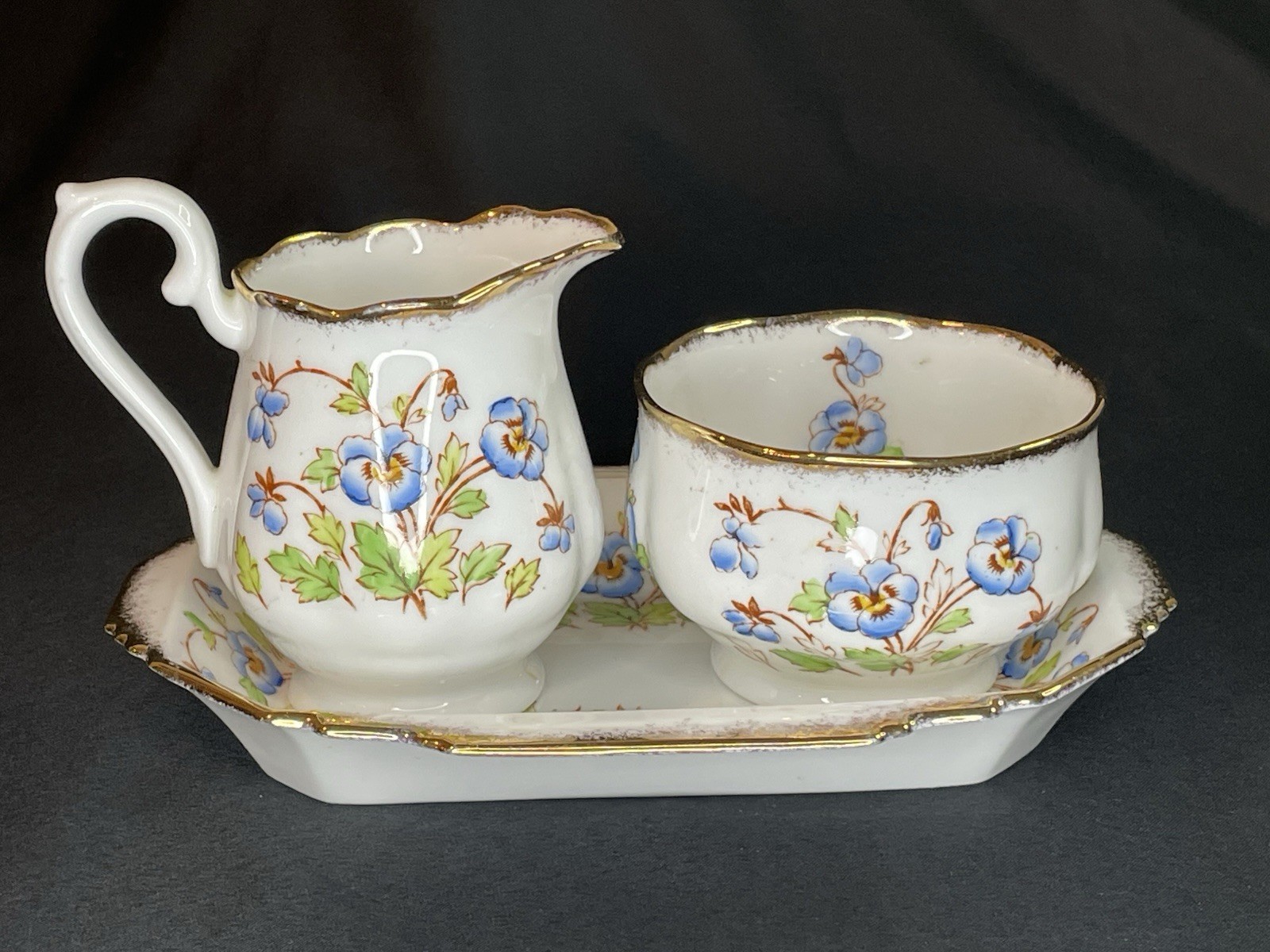 Vintage ROYAL ALBERT  Blue Pansies Small Creamer, Open Sugar And Tray 3 Pc Set