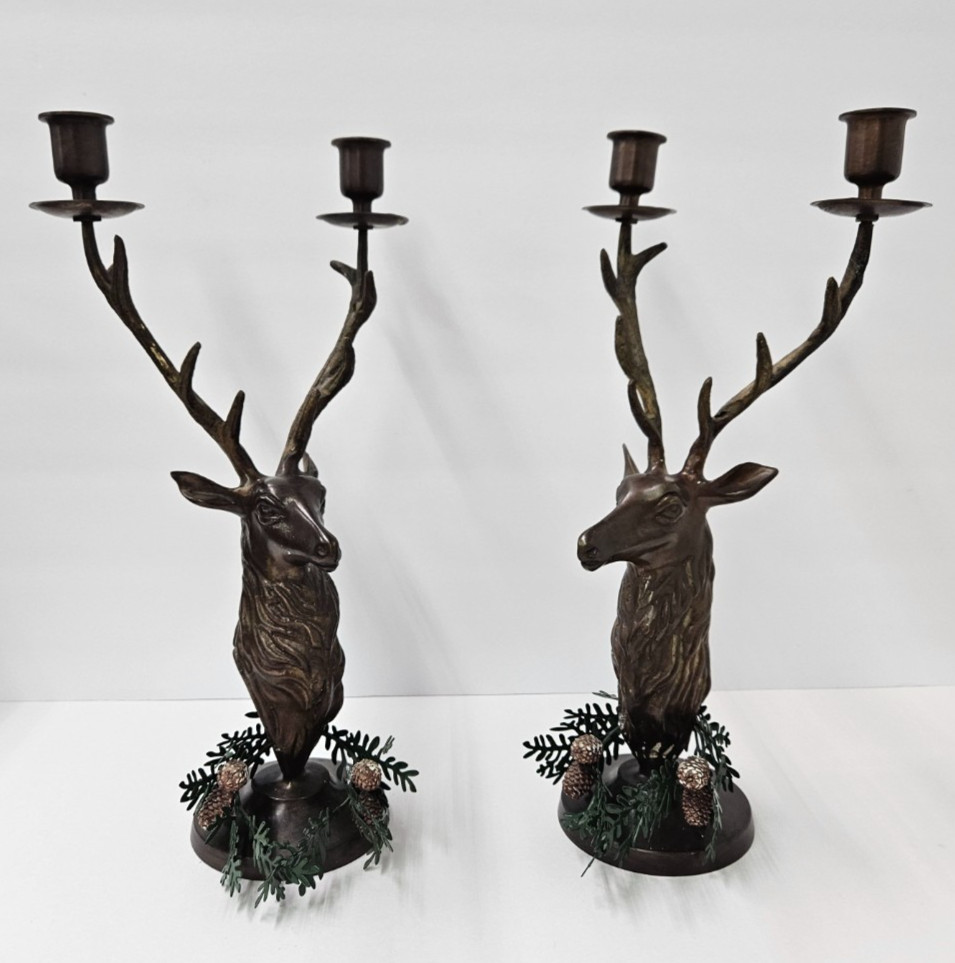 Dept 56 Antiqued Brass Deer Head Antler Candelabra Set of 2 (A3)
