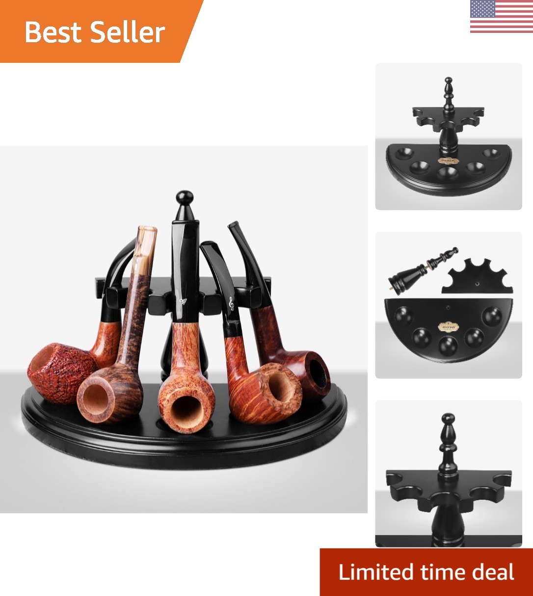 Elegant Handmade Black Wooden Pipe Rack Holds 5 Tobacco Pipes - Polished Design Elegant Handmade Black Wooden Pipe Rack Holds 5 Tobacco Pipes - Polished Design