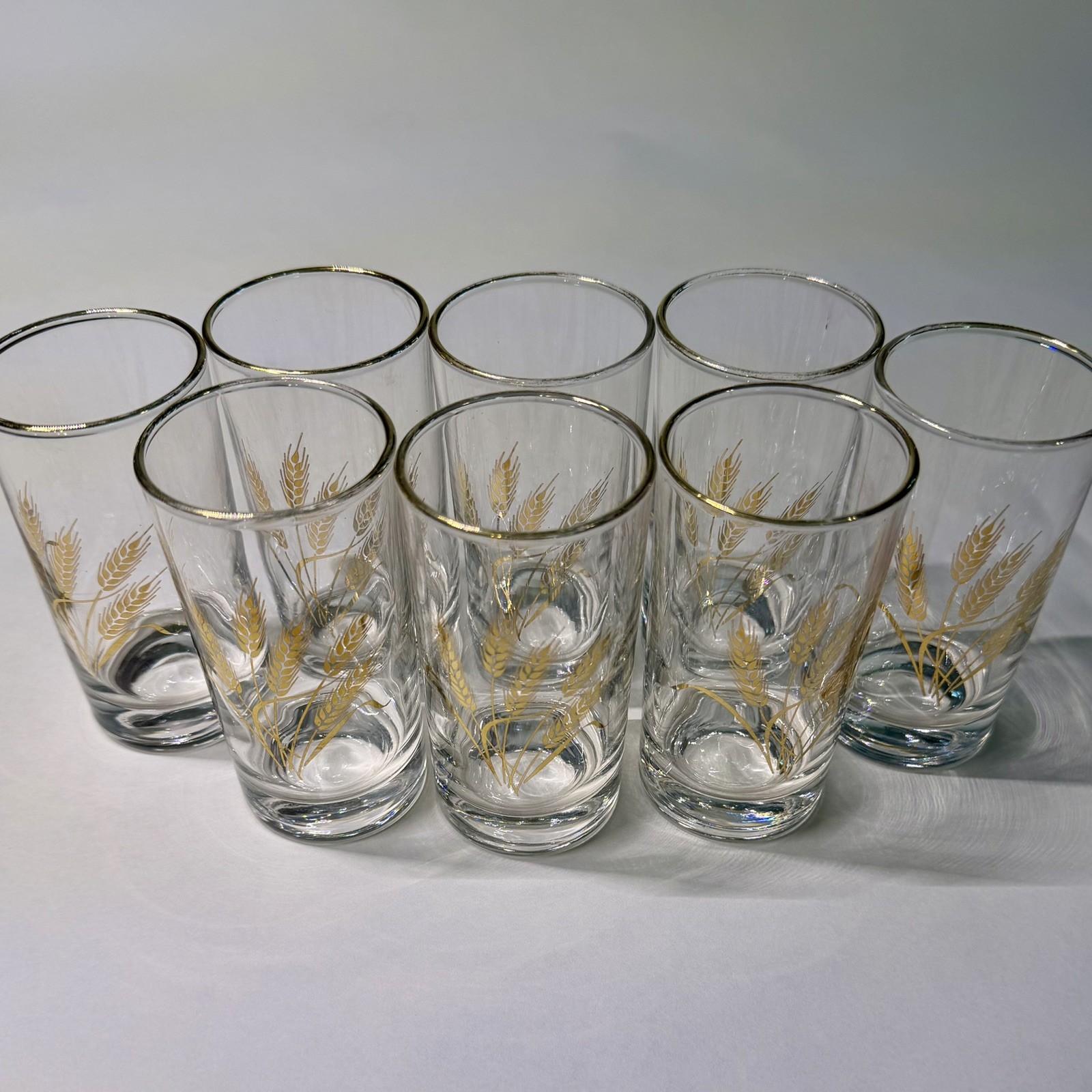 Set of 8 Vintage Homer Laughlin Juice Glasses Golden Wheat 22K Gold Trim 4 oz
