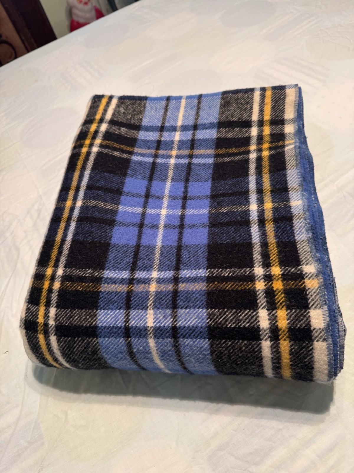 Vtg LL Bean Wool Camp Blanket Tartan Plaid Throw Fall Blue Black Bed Statium FSh