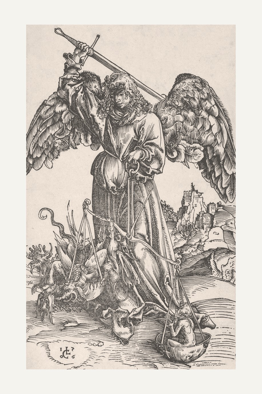 Saint Michael the Archangel Weighing Soul, Catholic art Cranach engraving print