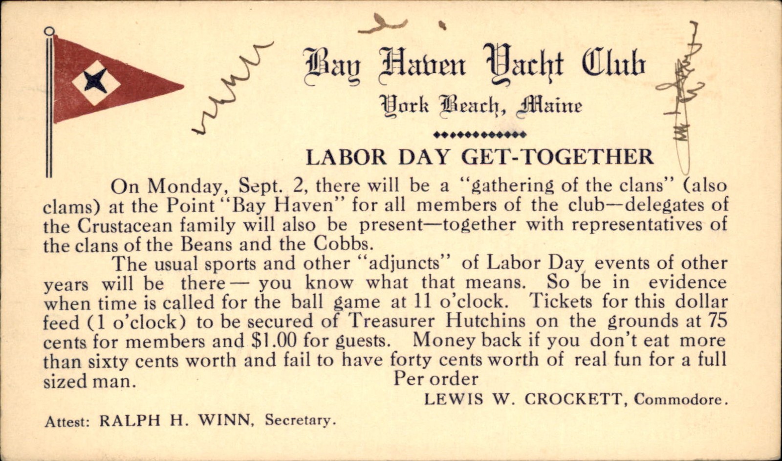 York Beach Maine ME Bay Haven Yacht Club LABOR DAY c1910s Vintage Postcard bhn