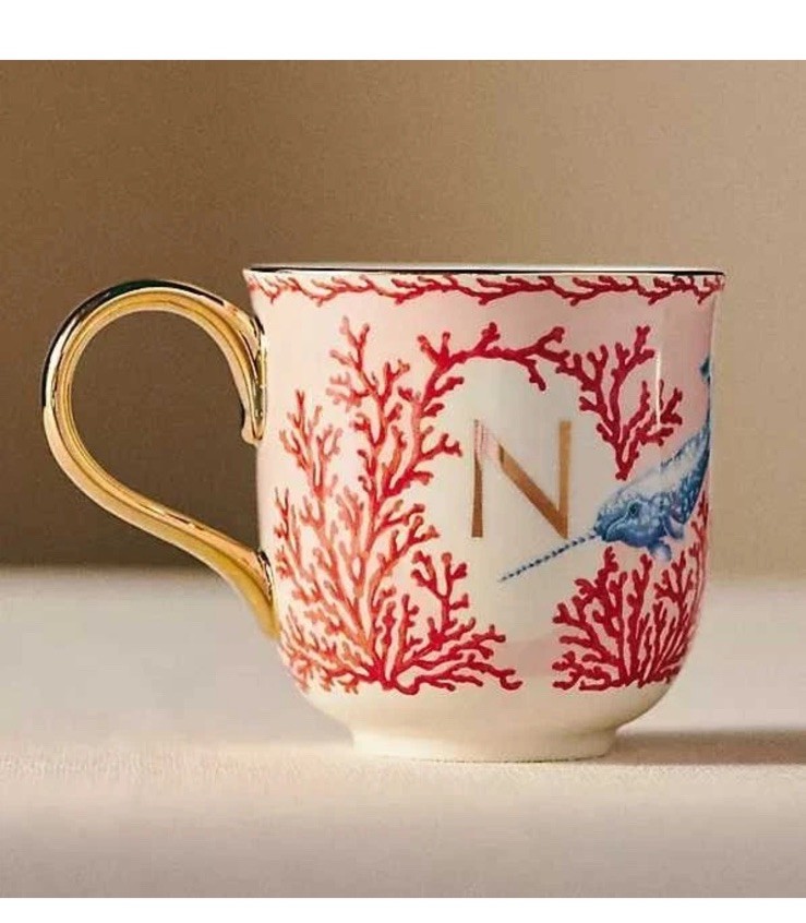 Lou Rota For Anthropologie Nature Table Monogram “N” Narwhal Mug Gold Accents Lou Rota For Anthropologie Nature Table Monogram “N” Narwhal Mug Gold Accents