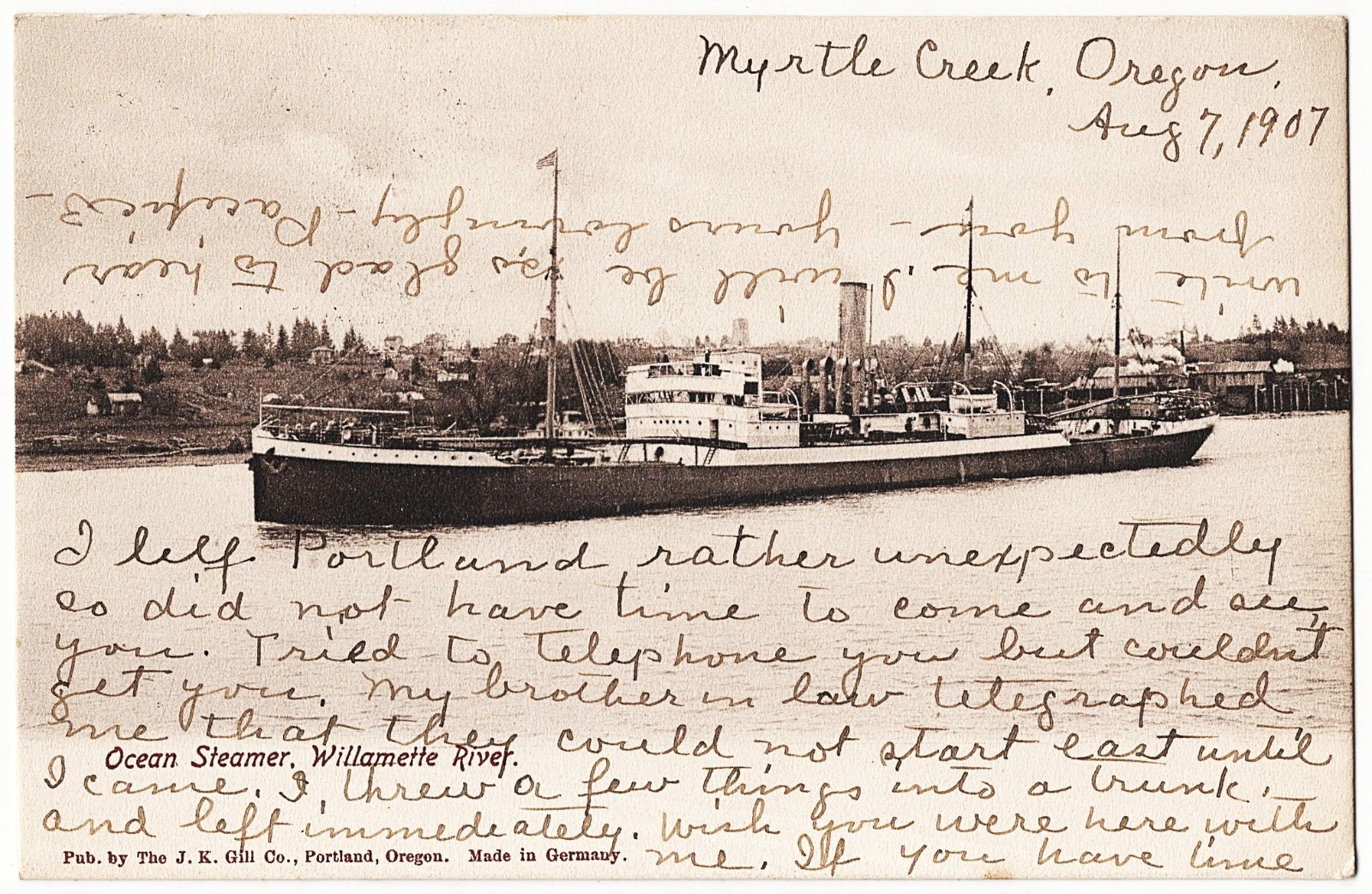 Willamette River OR - Ocean Steamer mailed 1907 antique postcard