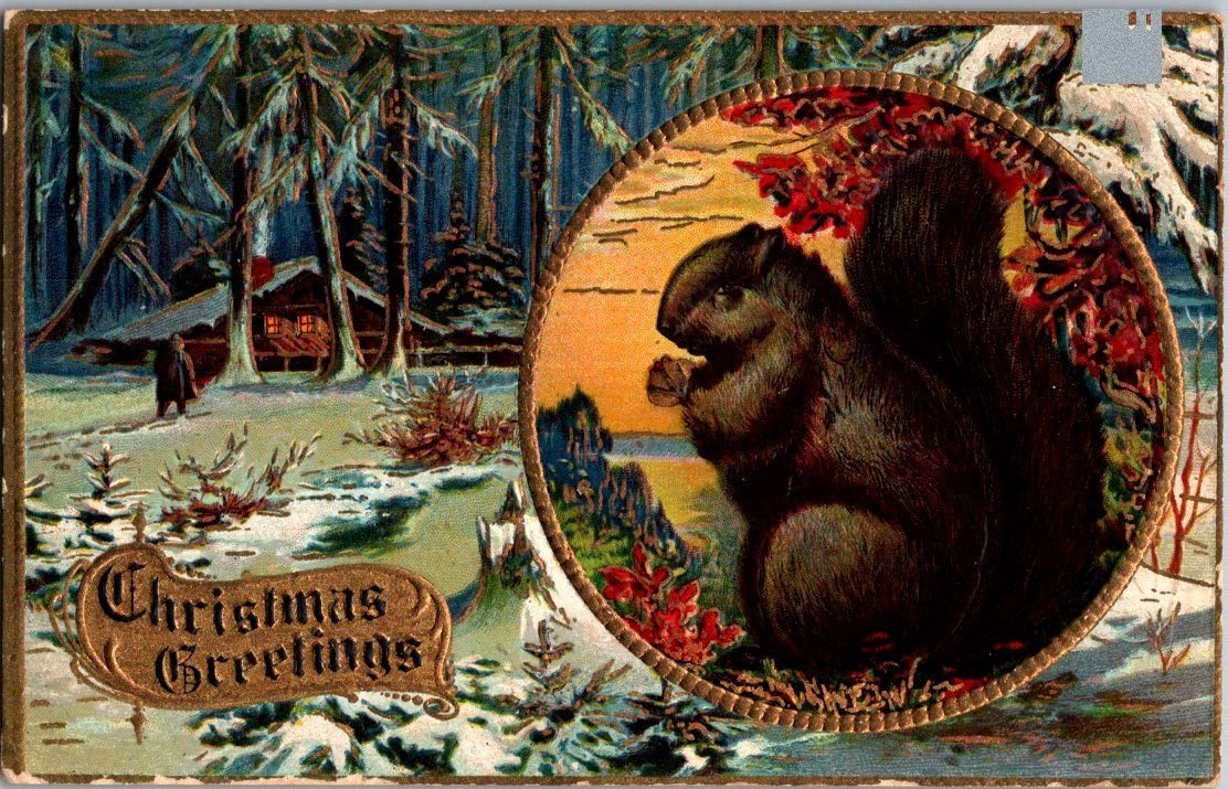 Vintage Victorian Postcard 1910 Christmas Greeting - Holiday Squirrel