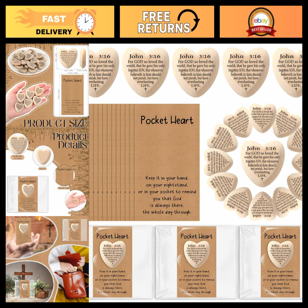 Christian Pocket Hug Heart Tokens - John 3:16 Wooden Bible Verse Gifts, 100 Set