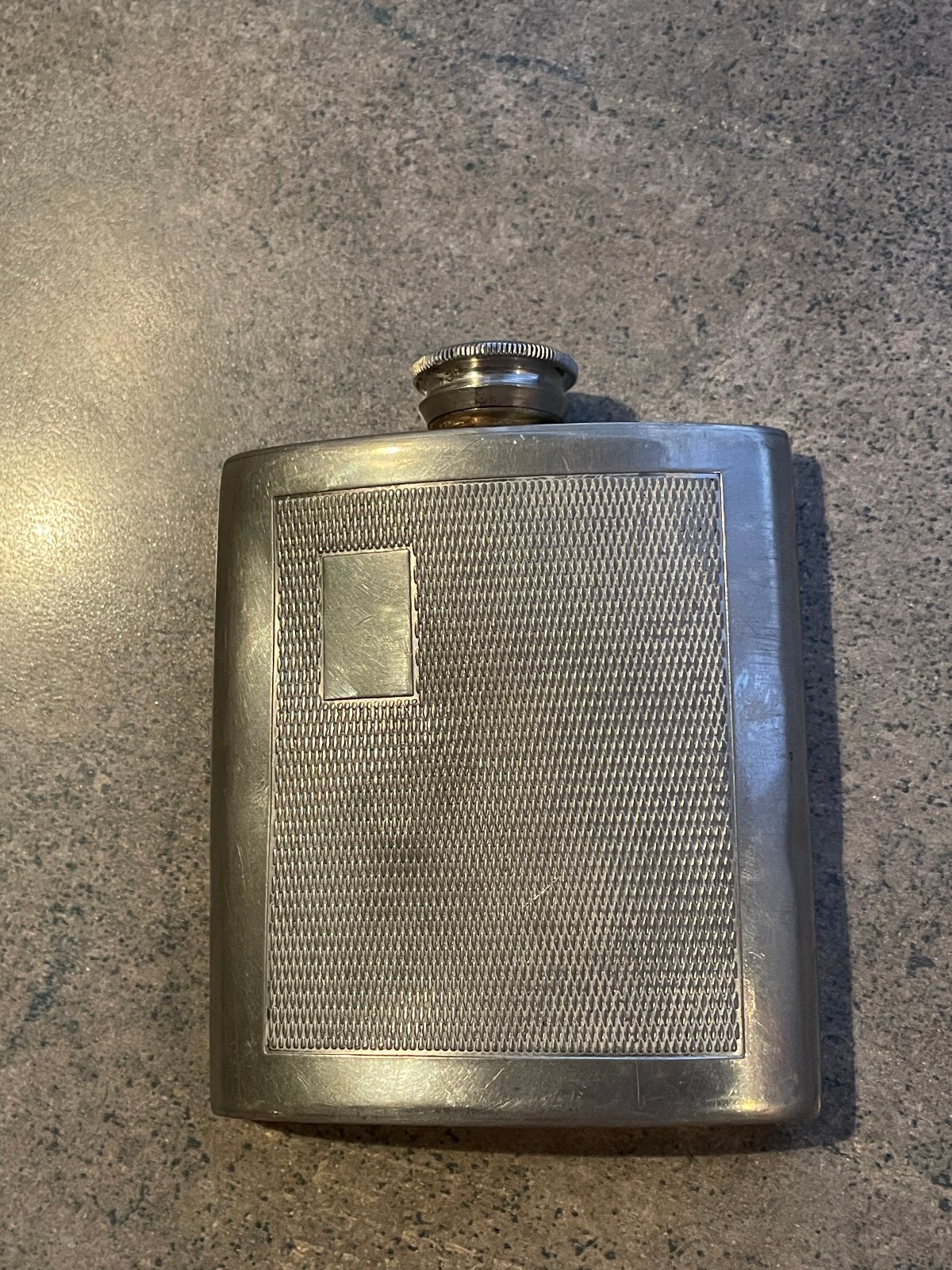 Vintage Sheffield England Pewter Hip Flask 3 oz Engine Turned Monogram Plate