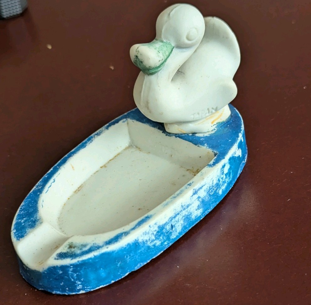  Painted Bisque Duck Ashtray Japan Novelty Vintage 