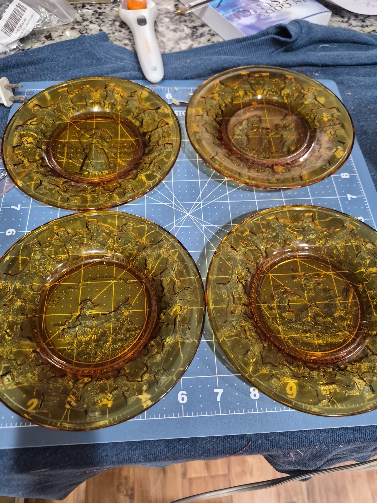 Vintage Tiara Exclusives Amber Glass Nursery Rhyme Child Plates Set of 4 Indiana