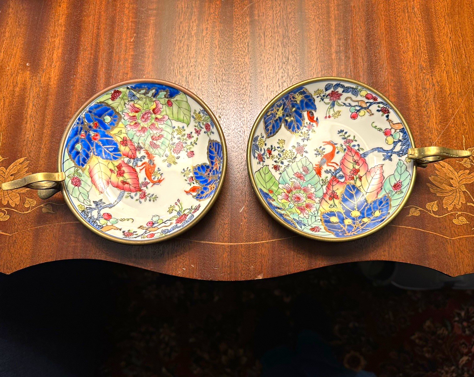 Pair of Chinese Porcelain Tobacco Leaf Pattern Plates w/ Brass Mounts, Pair
