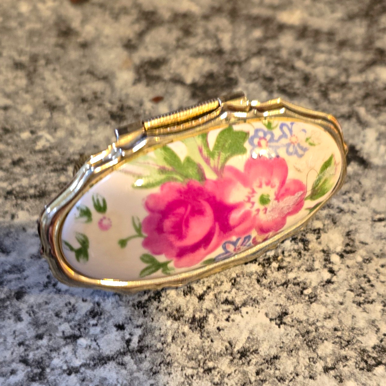 Vintage Floral Porcelain Lipstick Holder Case w/ Metal Frame