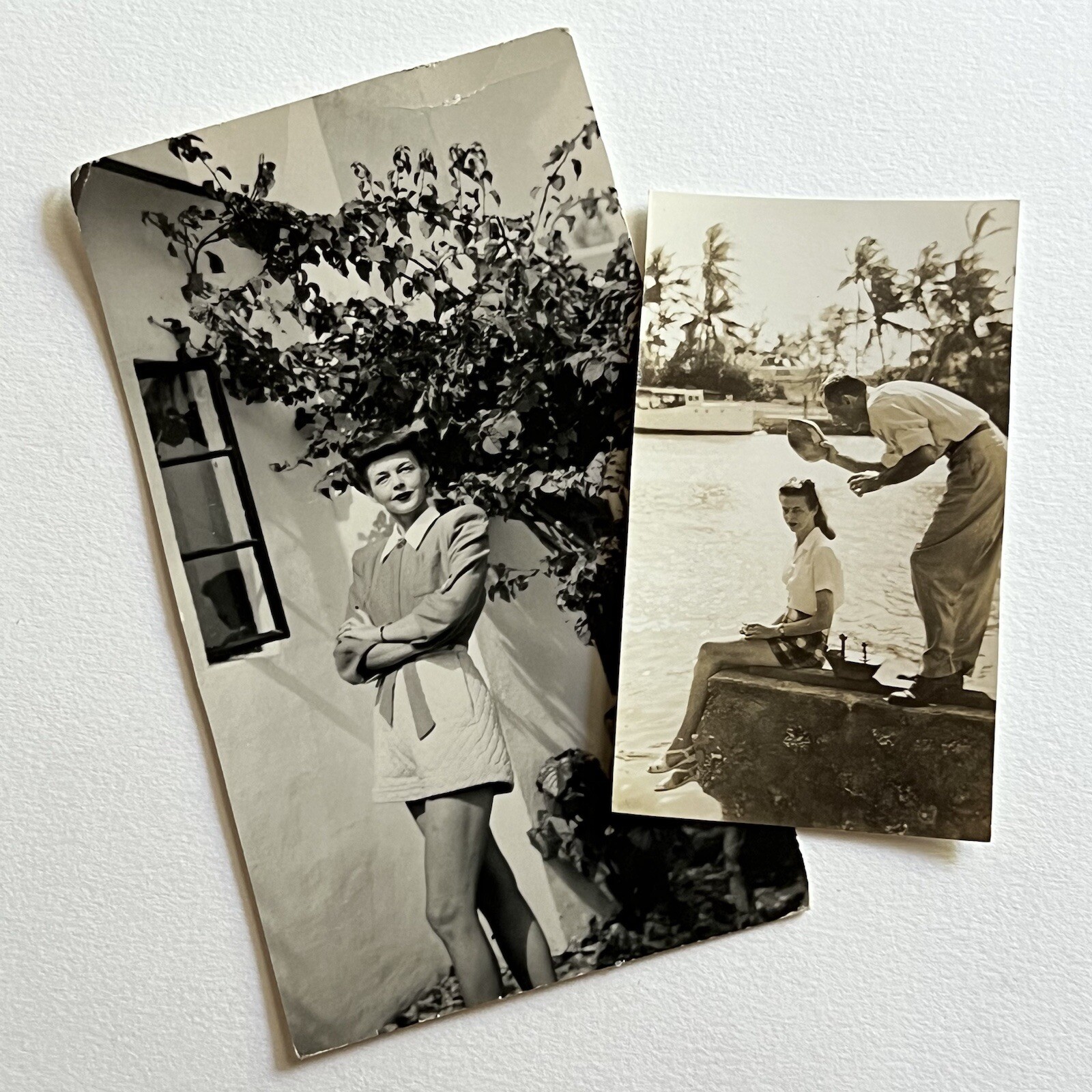 Vintage B&W Snapshot Photograph Beautiful Young Woman Great Legs Victory Roll