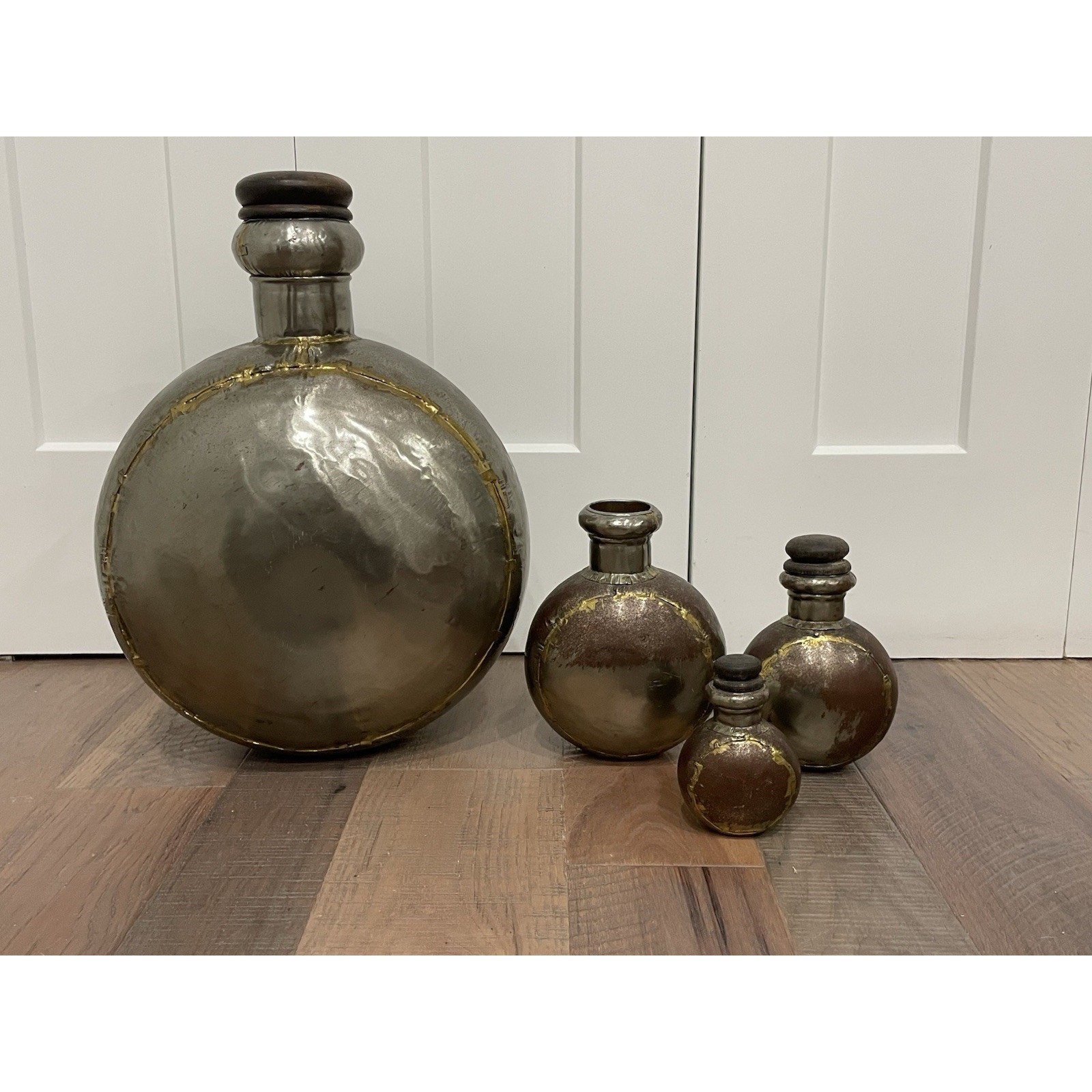 4 Vintage Metal Indian Water Bottles Dovetailed Jug Vessel With Lid Rare
