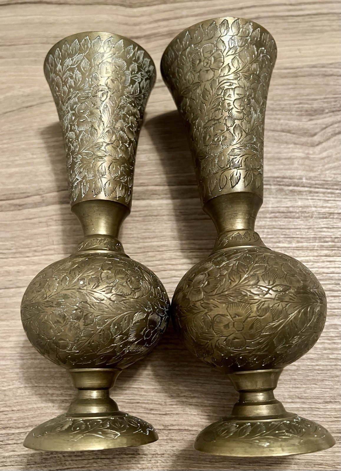 Antique Pair of hand-engraved brass Trumpet vases Goblets Floral Patina Antique Pair of hand-engraved brass Trumpet vases Goblets Floral Patina