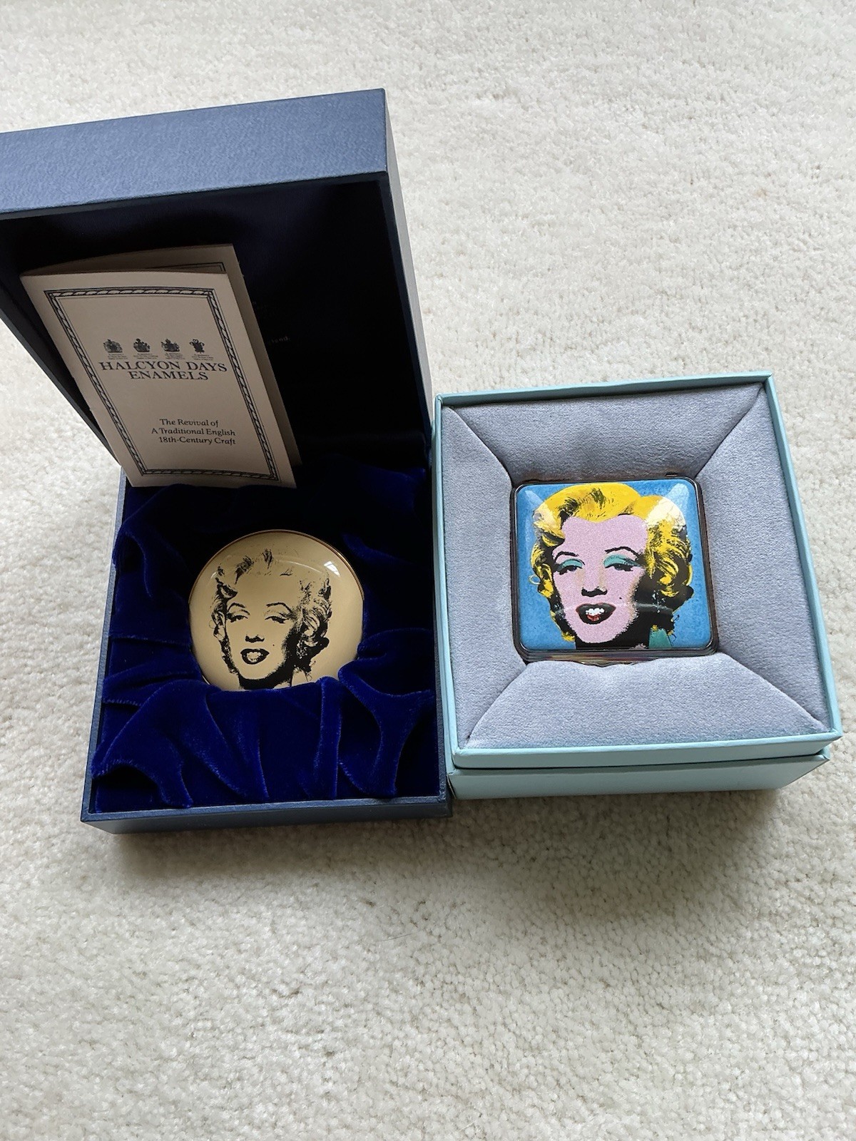TWO RARE HALCYON DAYS MARILYN MONROE COLLECTIBLE BOX AND MIRROR IN BOXES