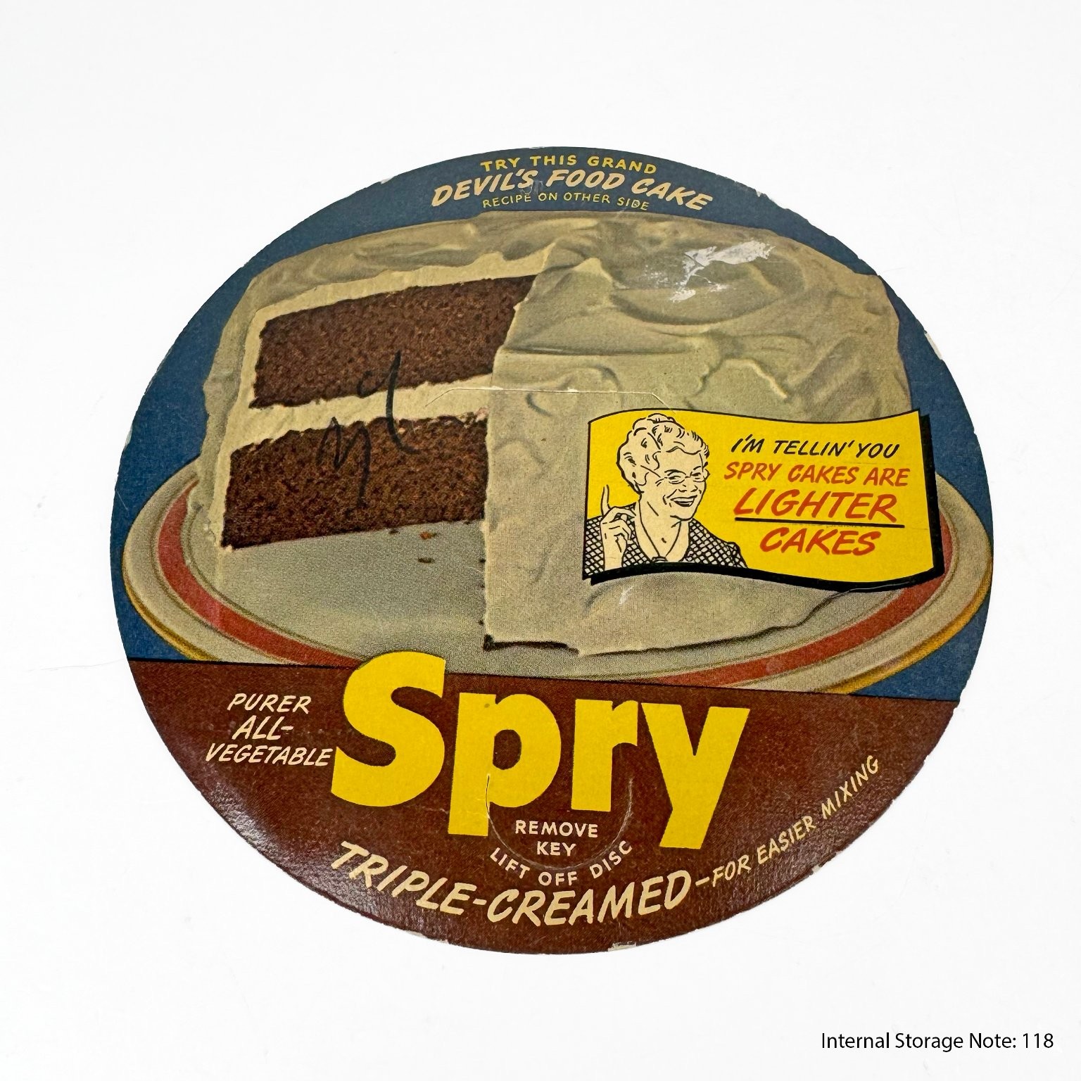 Vintage Spry Devil\'s Food Cake Recipe Advertising Die-Cut Cardboard Sign 1940s