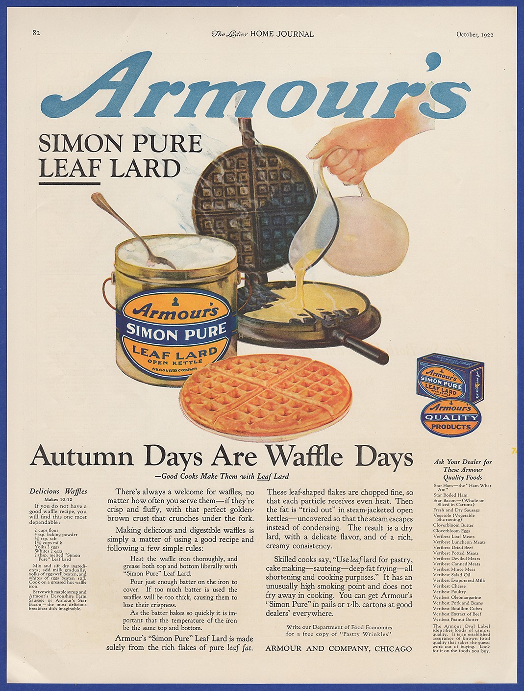 Vintage 1922 ARMOUR\'S Simon Pure Leaf Lard Waffles Ephemera 1920\'s Print Ad