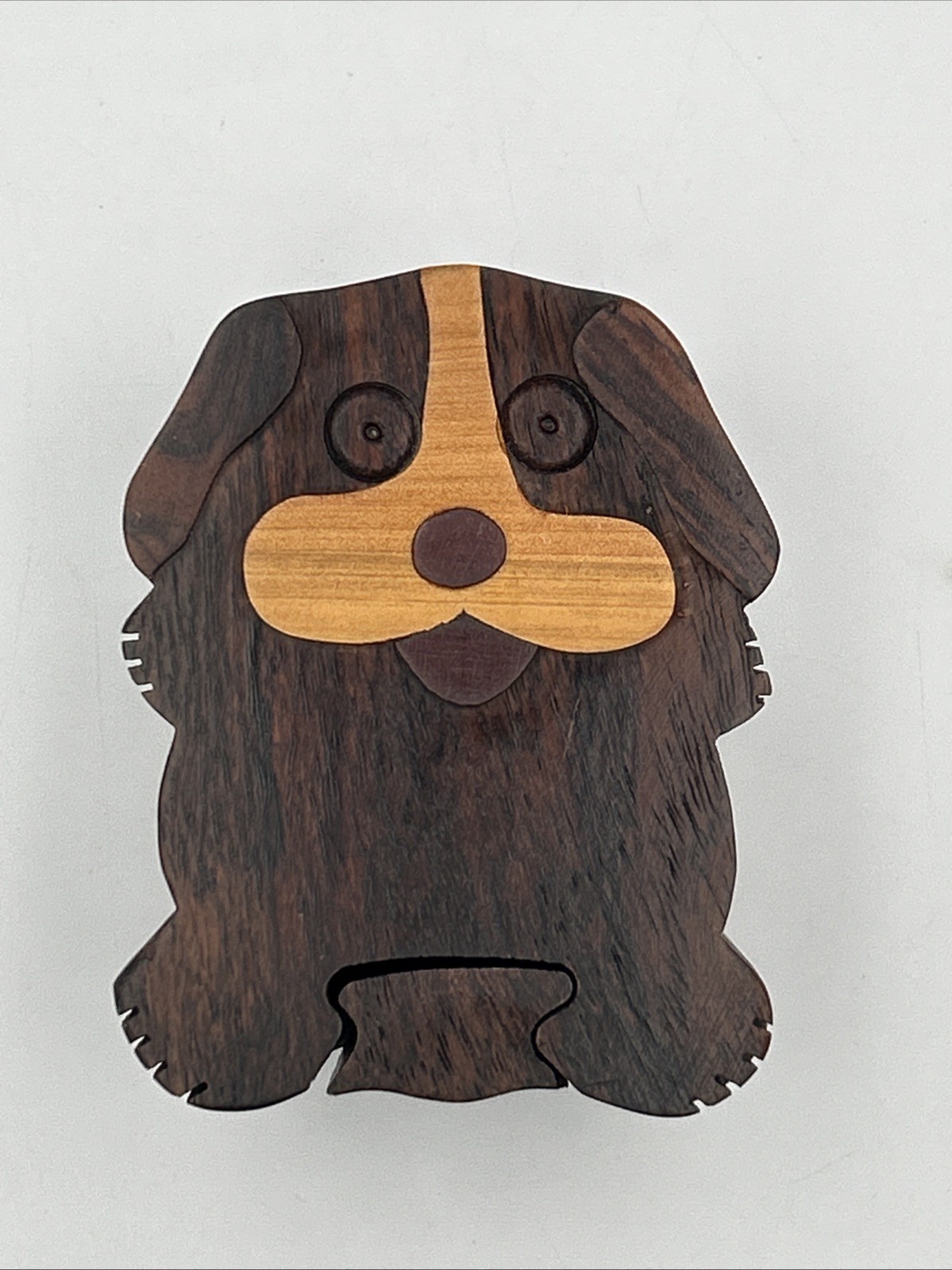 VTG Hand Carved Wooden Puzzle Puppy Dog  Jewelry/Trinket Box Secret Compartment