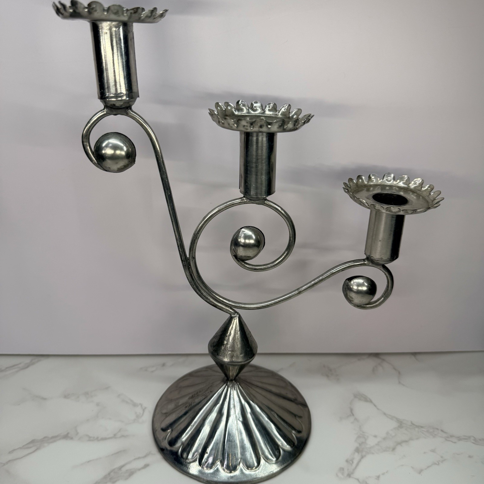 Vintage Mexican Punched Tin Candelabra Single 3-Arm Candle Holder Silver Patina