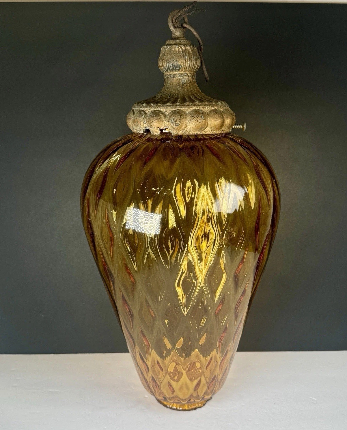 Vintage Amber Diamond Optic Glass Hanging Pendant / Swag Lamp 18” Teardrop