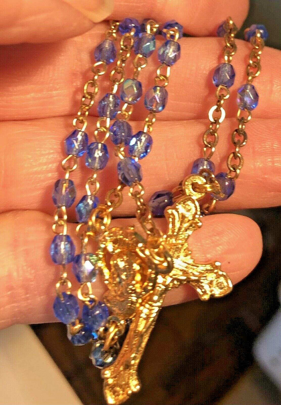 Tiny Blue Glass Catholic Rosary Goldtone Metal Childs