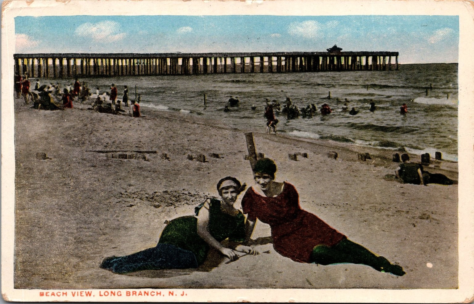 1916 Long Branch NJ Beach View Postcard - Women in Swimsuits, Pier 1916 Long Branch NJ Beach View Postcard - Women in Swimsuits, Pier