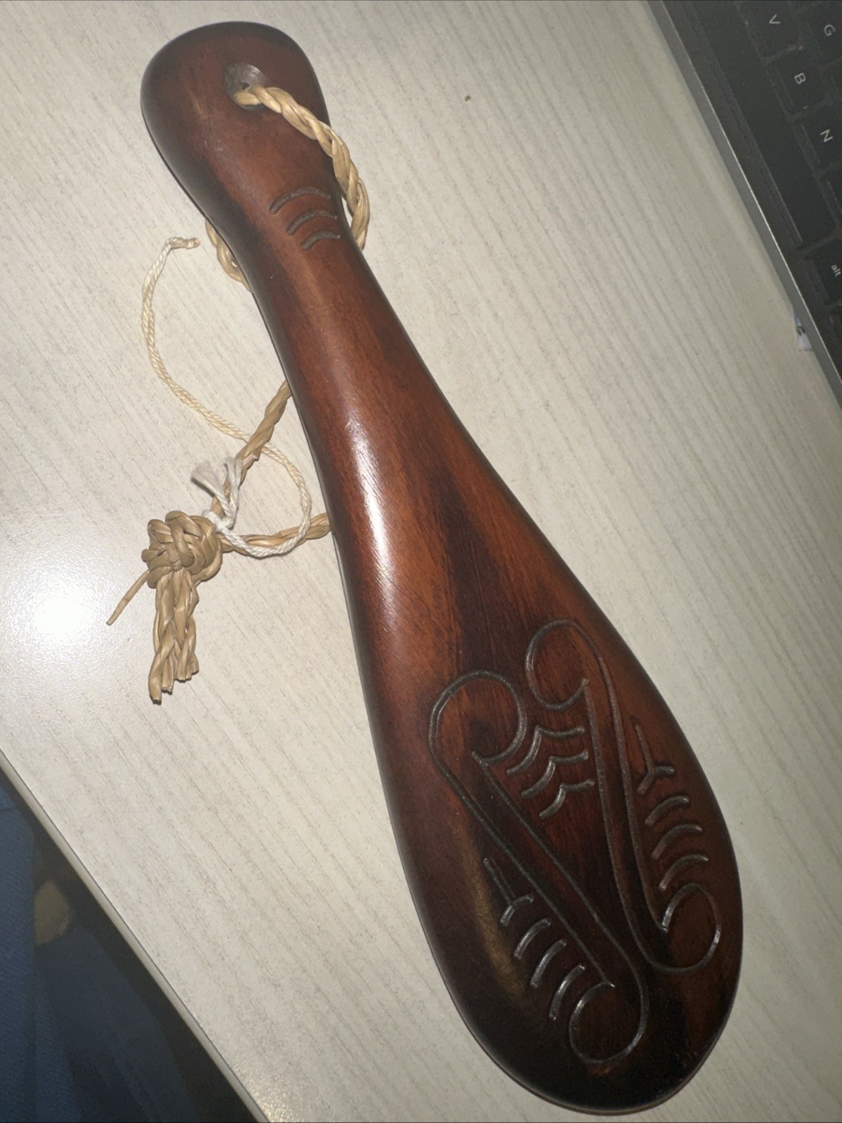 New Zealand Hand Carved Patu Club Paddle Vintage Braided Twine Maori 10” Collect