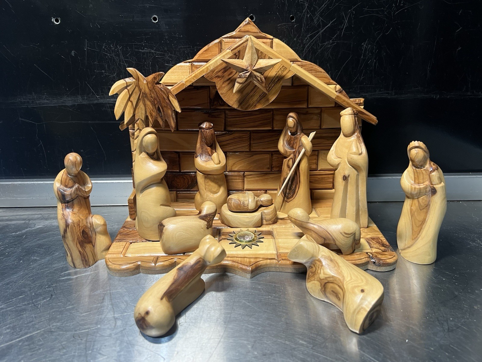 Olive Wood Nativity Set with Music Box - 12 Pieces