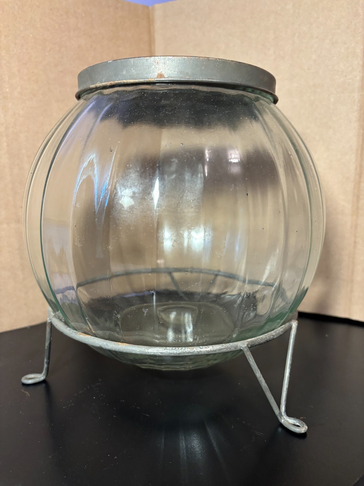 Hoosier cabinet glass melon shape sugar jar with lid and metal stand 1920's-1930 Hoosier cabinet glass melon shape sugar jar with lid and metal stand 1920's-1930