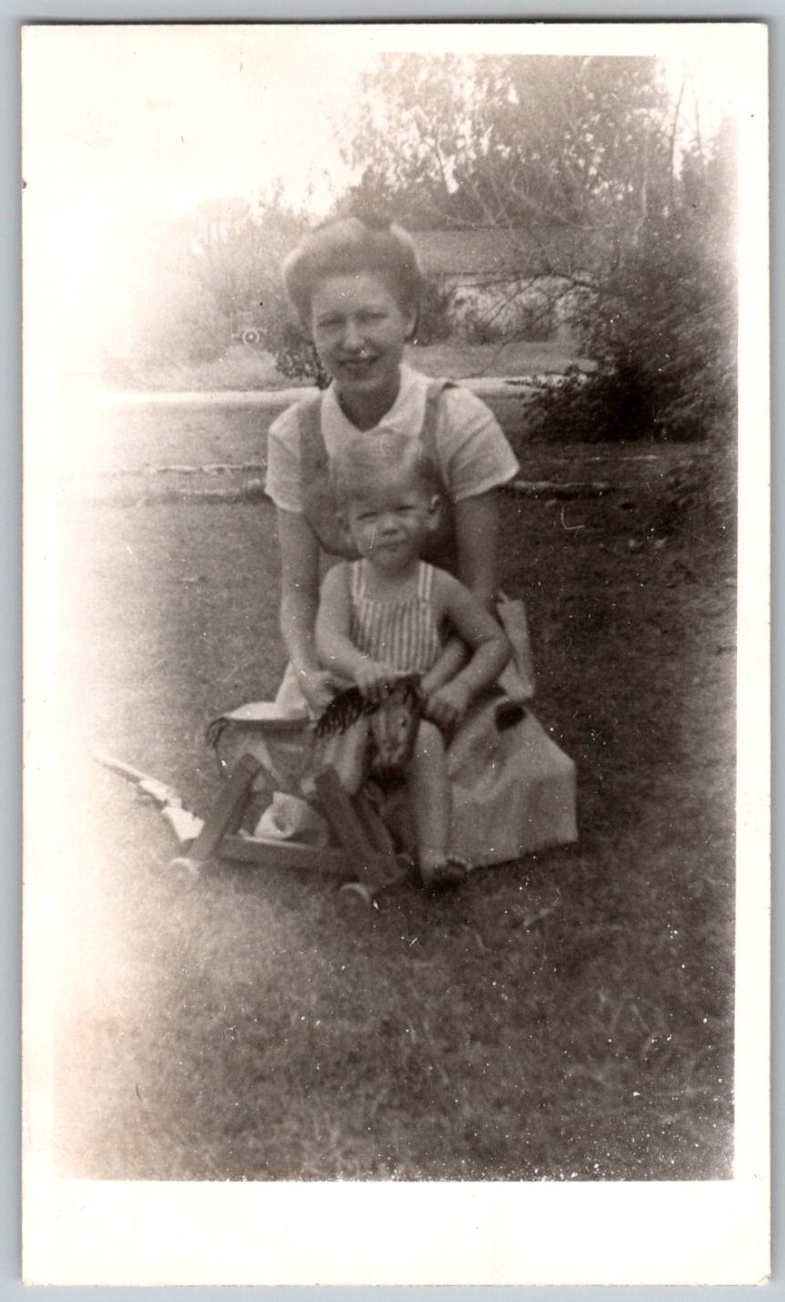 Vtg B&W Snapshot Mother Boy Wooden Hobby Rocking Horse Dublin Ireland Yard 1940s Vtg B&W Snapshot Mother Boy Wooden Hobby Rocking Horse Dublin Ireland Yard 1940s