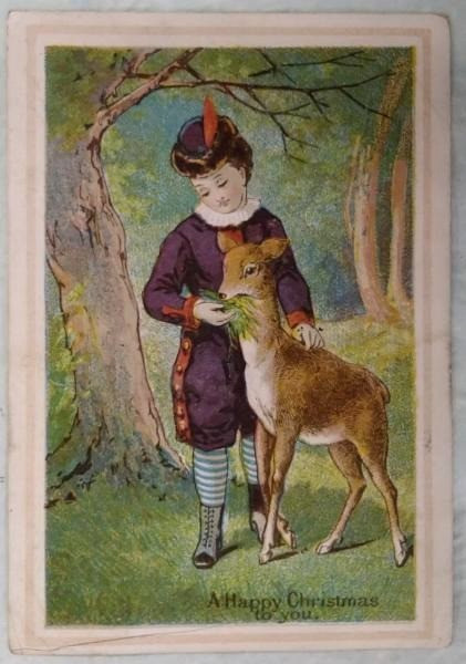 Vintage 1880's Christmas Victorian Cards Boy Feeding a Fawn 6.3X9.7cm Japan Rare