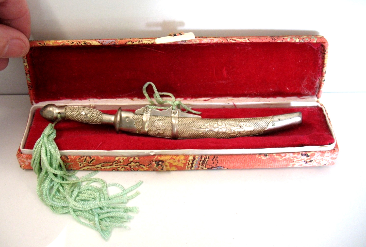 Vintage Miniature Chinese Sword Dagger Letter Opener Silvertone Asian Folk Art