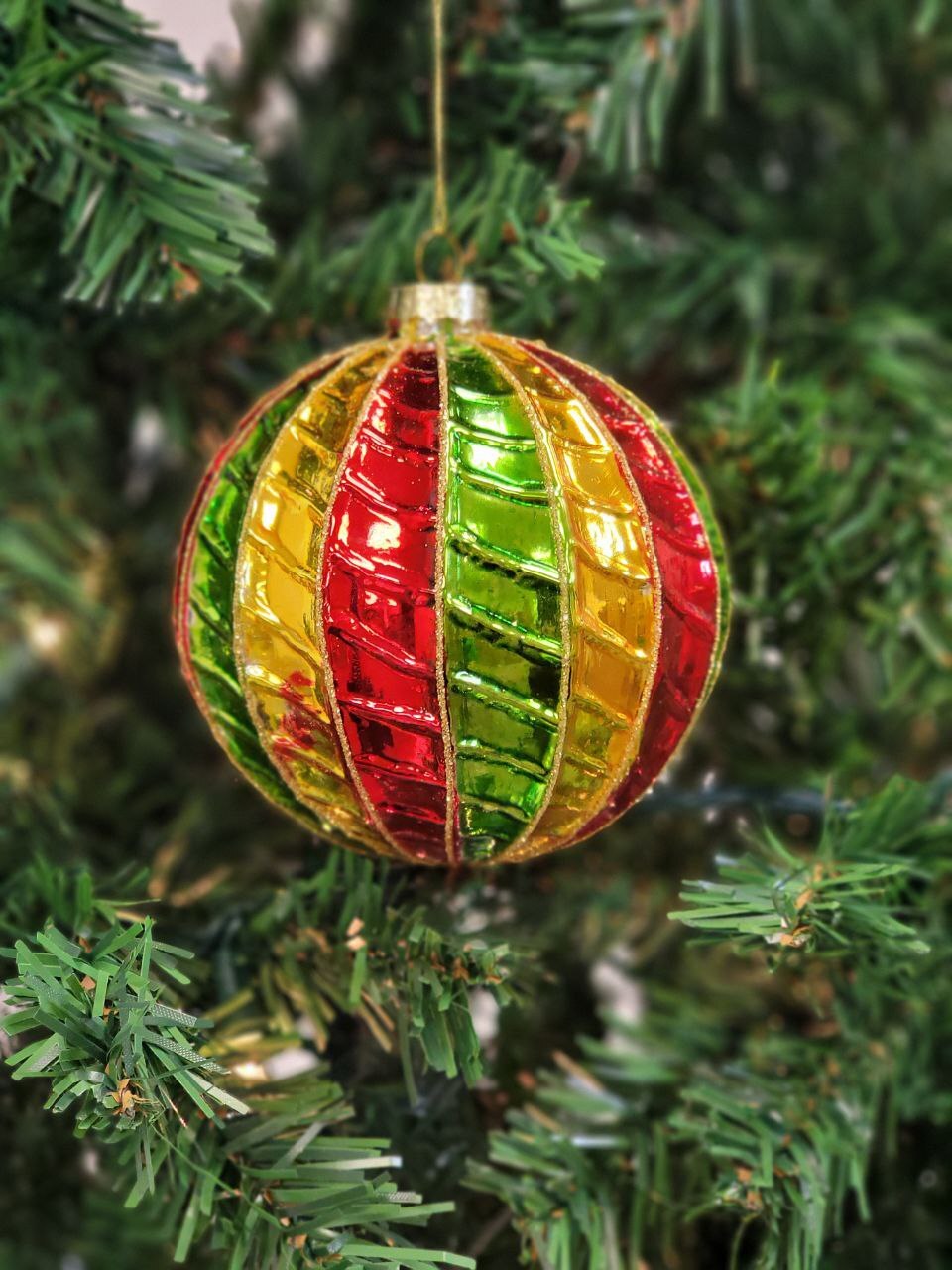 Wizardi Red and Green Striped Ball Glass Christmas Ornament F07M7-35-LH76-23094