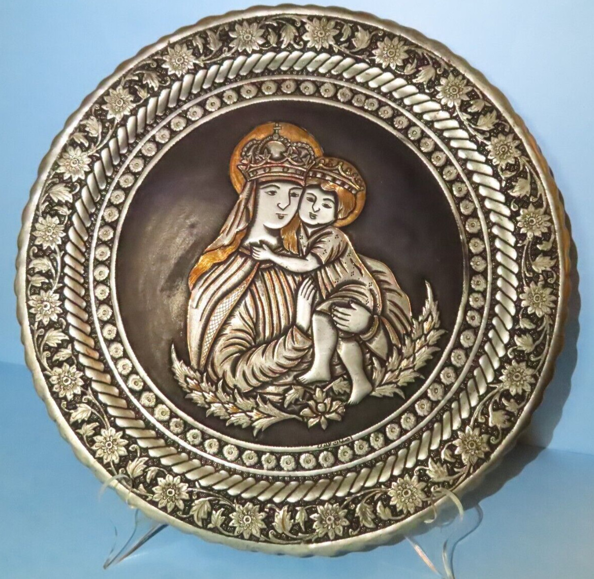 Lg Vintage Russian Holy Virgin & Child Icon Plaque Mixed Metal Copper Plate 15