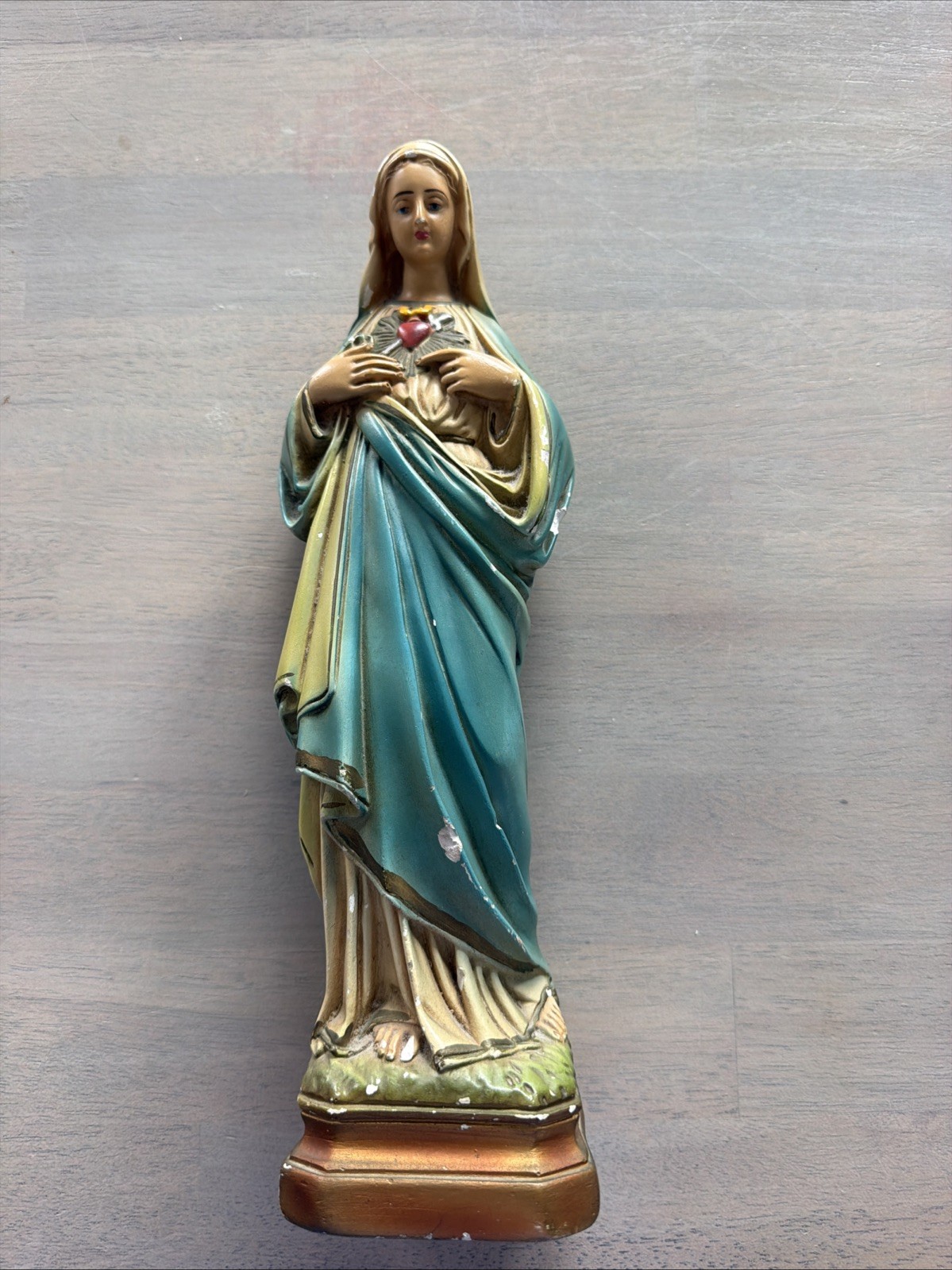 Vintage Sacred Heart Of Virgin Mary Statue 12.25” C.S. 112 Colombia Chalkware