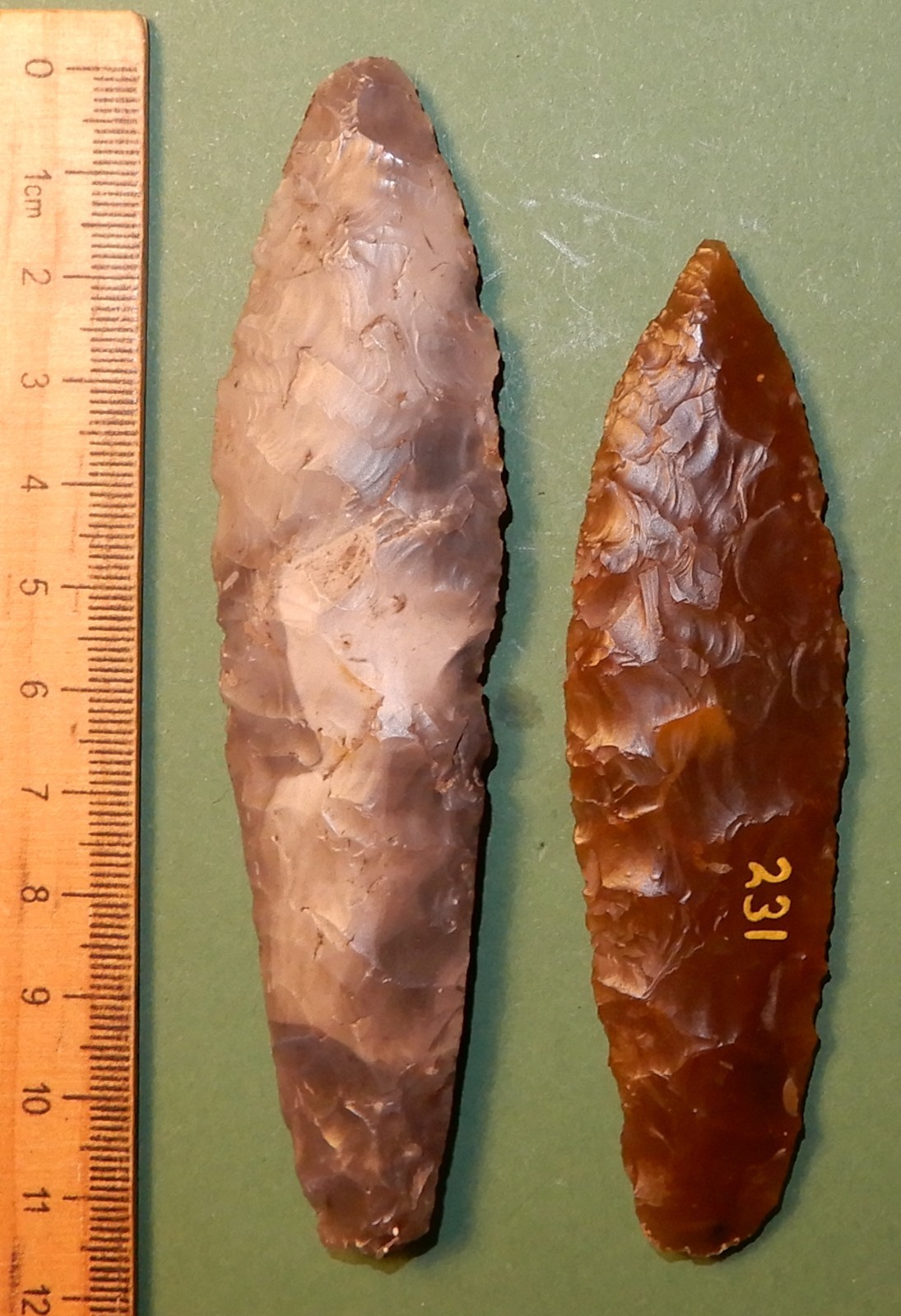 2 rare spear-points . WITH NICE FLAKING. DANISH STONE AGE NEOLITHIC. 1700 b.c.