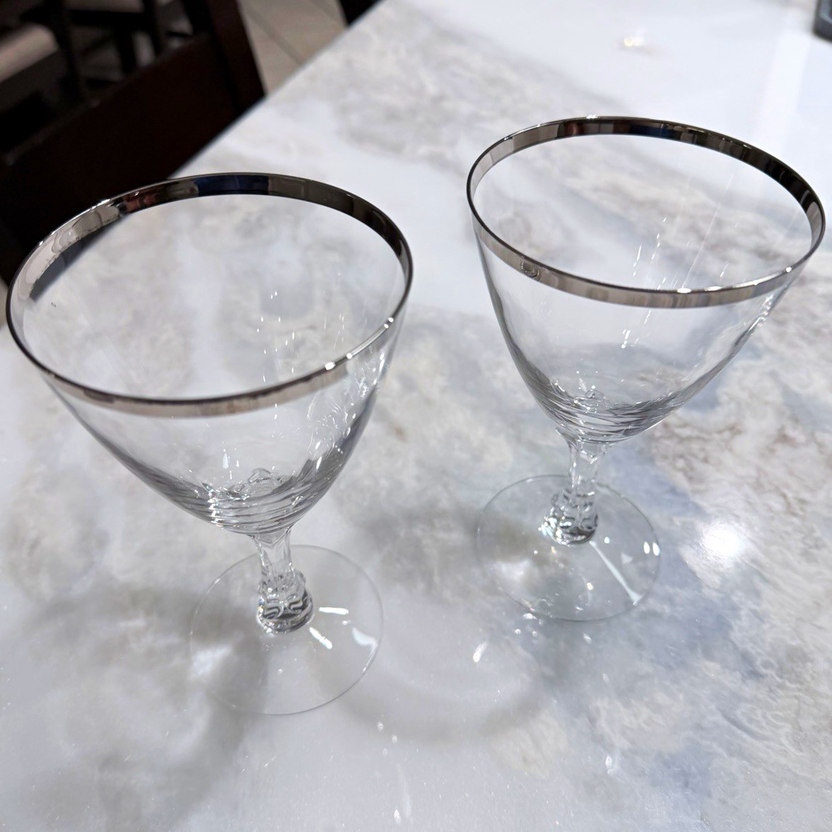 Fostoria 1950’s Wedding Ring Platinum Trim Wine Glasses Set of 2 Crystal