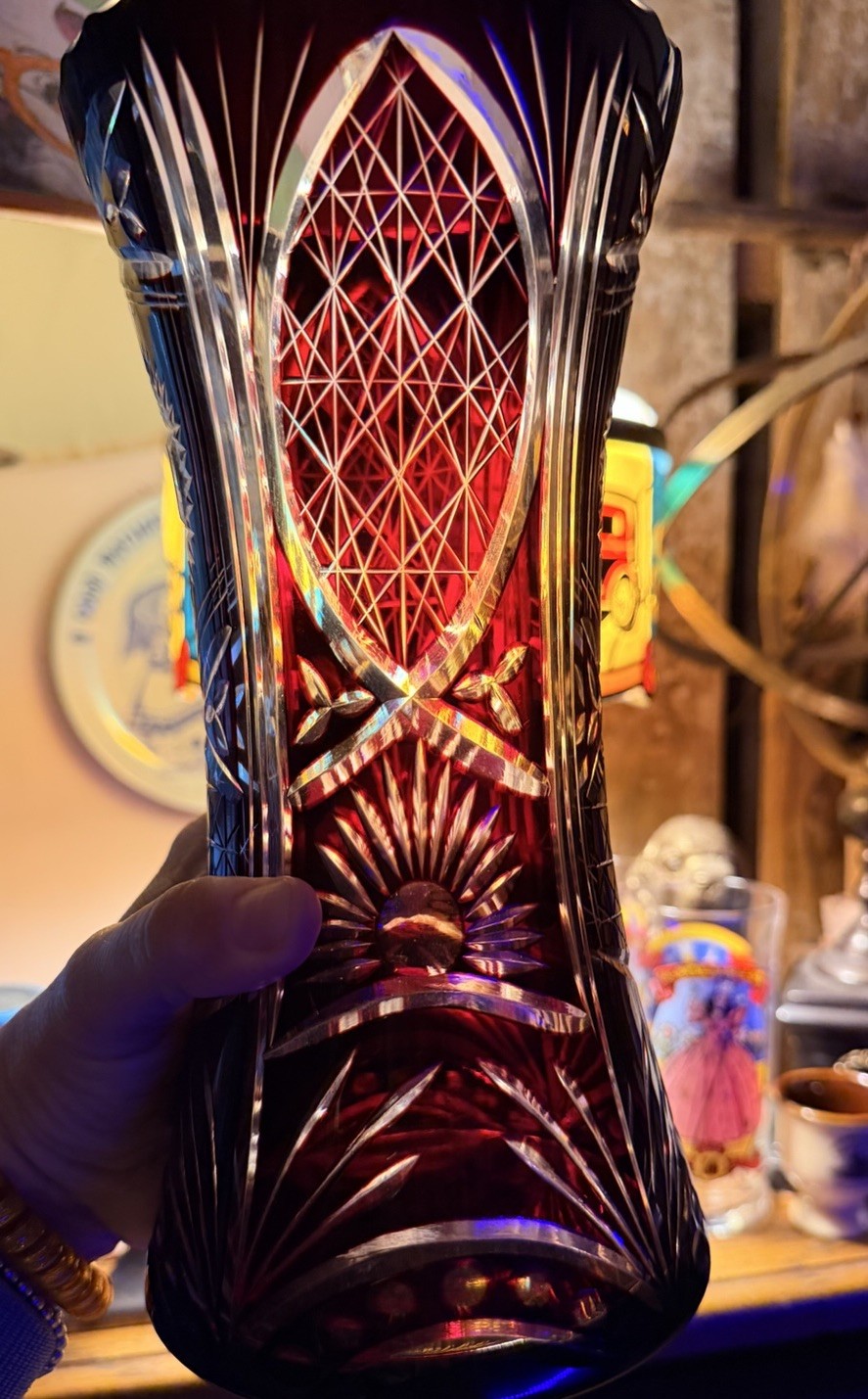 Vintage Ruby Red Crystal Cut to Clear Vase Bohemian Czech Style Burgundy 9 1/2”