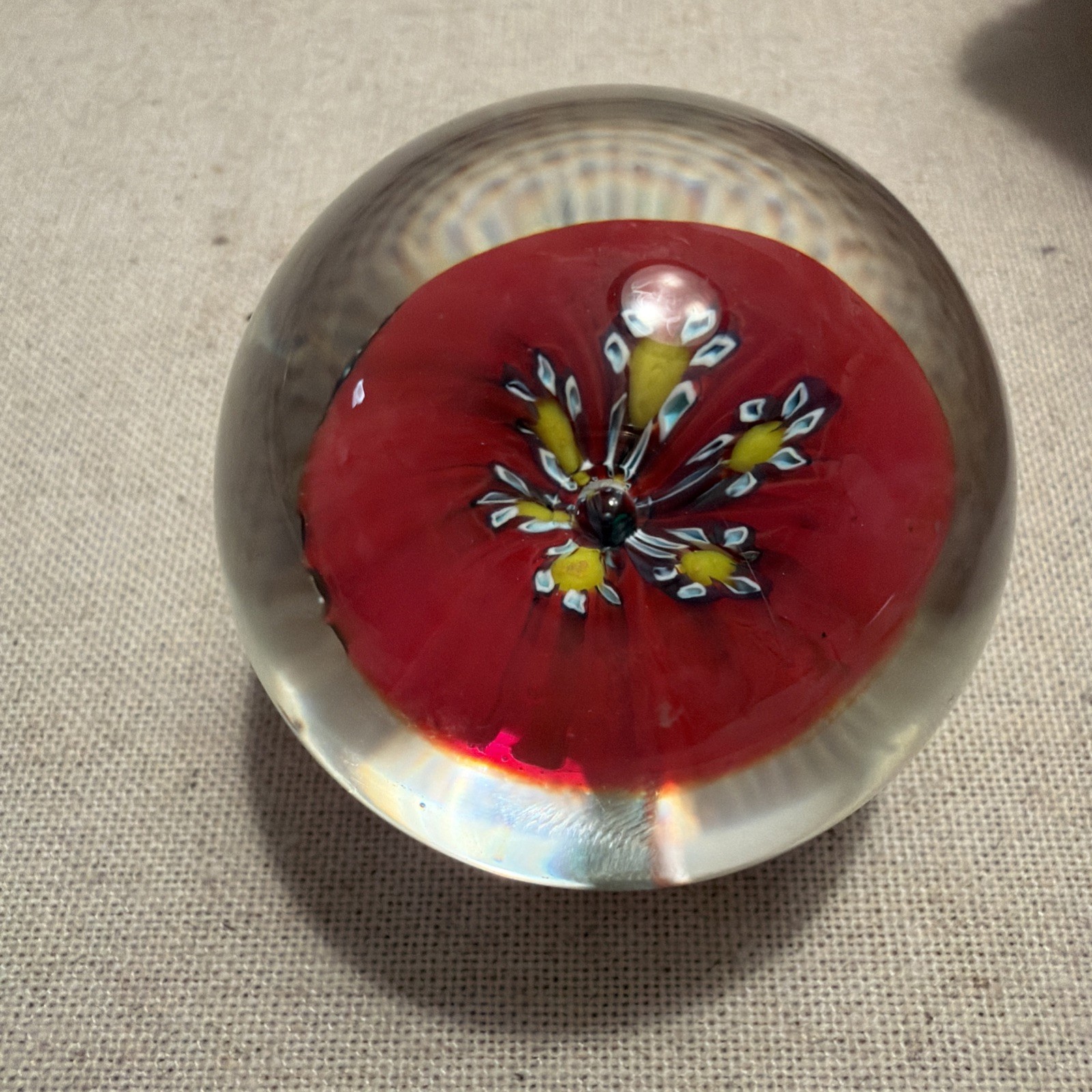 Solid Art Glass Millefiori  Collectible  Paperweight Red Flower