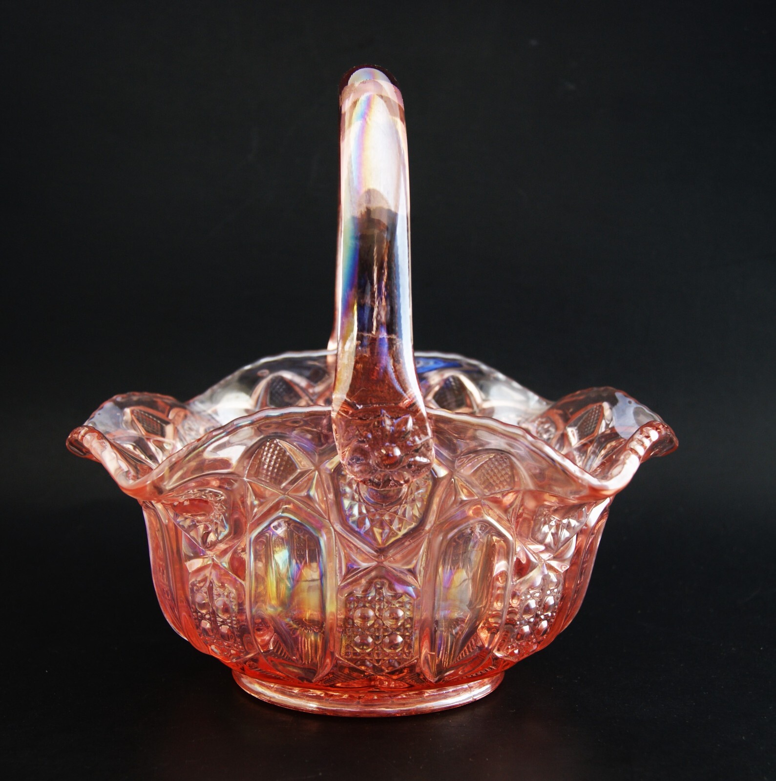 L.E. SMITH Heritage Quintec Carnival Glass Basket Iridescent Blush Pink 